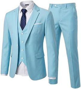 YND Men's Slim Fit 3 Piece Suit Set with Stretch Fabric, One Button Blazer Vest Pants, Solid Party Wedding Dress, Jacket Waistcoat and Trousers with Tie Sky Blue
