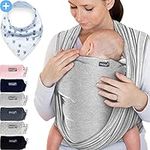 Makimaja - Soft Cotton Baby Wrap Carrier - Light Grey - Shoulder Strap for Newborns and Babies Up to 15 Kg - Includes Storage Bag and Bib