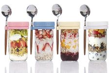 TempFoo Overnight Oats Jar Container set 4, 600ml Glass Mason Jars with Lids and Spoon, Cereal Milk Vegetable Fruit Salad Jam Protein porridge Clear Storage Containers, Breakfast Pots with Lid