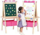 Kids Wooden Easel All-in-one Kid Easel Double Sided Standing Whiteboard Blackboard Children Art Easel with Storage, Height Adjustable Easel for Boys Girls Painting and Writing