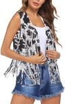 HOTLOOX Womens Halloween Costume Fringe Vest 70s Hippie Clothes Sleeveless Faux Suede Tassel Cowgirl Western Outfits Black White Cow Print XS