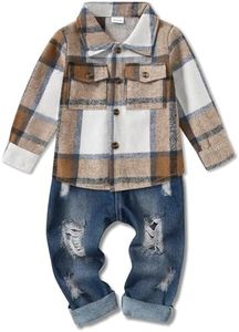 WESIDOM Toddler Boy Clothes 2T 3T Boy Clothes Fashion Long-Sleeved Plaid Shirt Jeans Pants Set Toddler Boy Fall Outfits (Yellow, 2-3T)