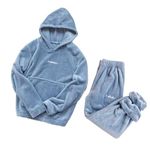 Ukal Women Winter Hoodies Pyjama Night Suit Set Woolen Hoodie with Lower Set Soft Flannel Thermal Fluffy Fleece Plush Pajamas and Hoodie with Pocket Set Comfy Sleepwear Solid Size: (L-XXL) (Blue