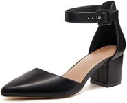 LAICIGO Women’s Pointed Toe Ankle Buckle Pumps Strappy Block Heel Glitter Sequins Dress Wedding D'Orsay Shoes Black Leather