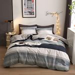 DREAMINGO Queen Duvet Cover Gray Blue White Stripes Modern Geometric Bedding Set for Teen Boys Men 100% Cotton Lightweight Soft Reversible Quilt Cover with Zipper