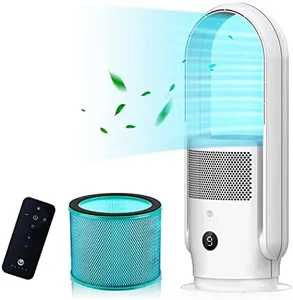 ULTTY Bladeless Tower Fan and Air Purifier, 90° Oscillating Tower Fan with HEPA Filter 99.97%, Remote, Touch, 8H Timer, 9 Speeds, Powerful Floor Fan for Bedroom Room Home Office, White