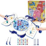 Fishing Game Play Set,Magnetic Go Fish Toys for Kids Toddlers Age 3 4 5 6-12 and Up,24 Fish,2 Poles,Rotating Board & LED Lights with Music,STEM Family Board Games Gifts for Christmas Birthday (Blue)