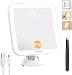 Auxmir 20X Magnifying Mirror with Lights, Rechargeable Makeup Mirror with Powerful Suction, 360° 3 Color Adjustable Lighted Mirror with Touch Sensor, 6.3In Countertop Desk Mirror for Bathroom, Shaving