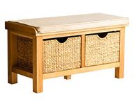 RoselandFurniture London Oak Hallway Bench With Baskets | Contemporary Country Solid Wooden Shoe Storage Unit for Hall or Kitchen, Fully Assembled, 90 x 49 x 42 cm