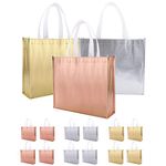 12 Large Gift Bags with Handle (Non-Woven Fabric), Stylish Tote Bags for Birthday Wedding Party Favour Baby Shower Present Wrap, Reusable Glossy Grocery Bags (Gold, Silver, Rose Gold)