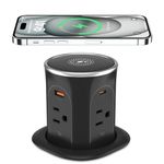 3.15in Pop Up Countertop Outlet with 15W Wireless Charger, Max 20W USB Power Delivery 15A Tamper Resistant, Desktop Mount Electrical Receptacle with 4 Outlets & 4 USB for Home Office