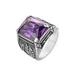 PMTIER Men's Classic Vintage Stainless Steel Carved Flower Pattern Cubic Zirconia Square Purple Gemstone Ring Size 10