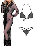 Xs and Os Women's Nightwear Sheer Mesh Lace Robe Lingerie Set (Free Size, Black-Black)