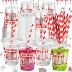 G1ngtar 50Pcs Halloween Party Plastic Cups - 12 Oz Bloody Ghost Disposable Clear Cups with Straws and Lids, Horror Movies Zombie Drinking Beverage Cups for Birthday Party Supplies Decorations