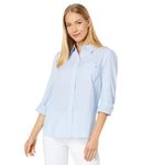 Tommy Hilfiger Women's Button Collared Shirt With Adjustable Sleeves, Corbflower Blue/White, XS