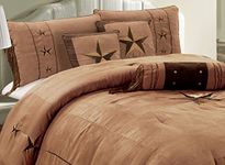 Full , Taupe / Brown : 7 Piece WESTERN Lodge Oversize FULL (90"X96") Comforter Set Taupe / Brown - Embroidered Lone Star Barbed Wire Micro Suede Bedding