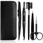 Gibot Eyebrow Set, 5pcs Stainless Steel Eyebrow Grooming Kit with Tweezers, Scissors, Eyebrow Brush Comb, Eyebrow Pencil, Razor and Travel Case for Women and Men, Black