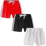 Jagrove Toddler Boys Girls Athletic Shorts 3 Pack Kids Active Running Short Pants with Stripe Summer Casual Sport Jogger, Red + Black + Grey, 3-4 Years