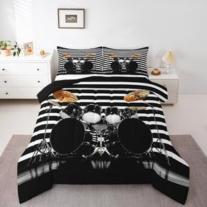 Rock Drum Set Comforter Set Full Geometric Stripe Bedding Set, Modern Geometry Bedding Comforter Sets Funk Drum Kit Duvet Set, Music Instruments Quilted Comforter Breathable Cool Drummer Bedroom Decor