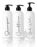 Alora 32oz Reusable Shampoo and Conditioner Bottles - Set of 3 - Permanent Stylish Labels - Pump Bottle Dispenser for Shampoo, Conditioner, Body Wash - Empty Plastic Refillable Containers for Shower