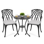 NUU GARDEN Bistro Set 3 Piece Outdoor Cast Aluminum Patio Bistro Set Patio Table and Chairs Set of 2 with Umbrella Hole and Gray Cushions, Black