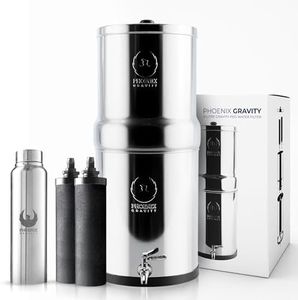 Phoenix Gravity 8 Litre Gravity Fed Stainless Steel Drinking Water Filter with 2 Phoenix Carbon Water Filter Cartridges, Stainless Steel Tap.