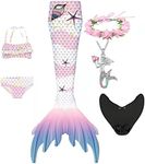 Coserday 6Pcs Swimwear with Monofin Swimsuits Mermaid Tail for Swimming for Girls Bikini Bathing Suit Add Fins(E409,5-6Years)