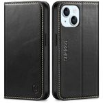 SHIELDON Wallet Case for iPhone 15 6.1-inch, Genuine Leather Case RFID Blocking Credit Card Holder Folio Magnetic Kickstand Drop Protection Cover Compatible with iPhone 15 5G 2023 - Retro Black