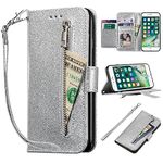 EYZUTAK Wallet Case for iPhone SE(5G) 2022 iPhone 7 iPhone 8 iPhone SE 2020, 5 Card Slots Glitter Bling PU Leather Magnetic Closure Kickstand Zipper Purse Pocket Handbag with Wrist Strap - Silver#1