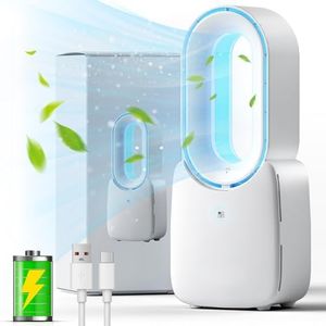 Misby Rechargeable Desk Fan, 5-color LED Light Bladeless Table Fan of 11.8 Inch, White Desk Fans Small Quiet for Bedroom, Home, Office