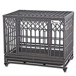 SMONTER 38" Heavy Duty Dog Crate Strong Metal Pet Kennel Playpen with Two Prevent Escape Lock, Large Dogs Cage with Wheels, Y Shape, Dark Silver