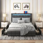 Giantex Queen Bed Frame with LED Lights and 4 Drawers, Upholstered Platform Bed Frame with USB Ports, Tufted Adjustable Headboard Design, Solid Wooden Slat Support, No Box Spring Needed