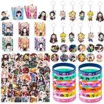 102 Pcs Japanese Anime Party Favors with Keychains, Button Pins, Wristbands, Anime Face Stickers & Vinyl Stickers, Anime Theme Party Decoration for Kids Teens Adults Fans Birthday Favors Supplies