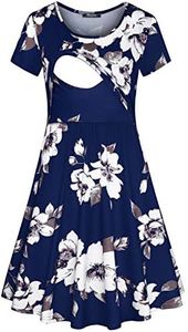 Quinee Sun Dresses for Women Casual, Mother Short Sleeve Scoop Neck Daily Floral Printed Maternity Tunic Dresses for Pregnancy Summer Nursing Dress for Breastfeeding Blue L