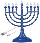 Aviv Judaica Traditional LED Hanukkah Menorah Powered by Battery or USB Chanukiah Electric Menorah 4' Micro USB Cable Included - Electronic Chanukah Candles Minorah Lighted Hanukah Decorations (Blue)