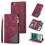 UEEBAI Wallet Case for iPhone 6/iPhone 6S, Vintage Premium PU Leather Cover Flip Case with Card Slots Magnetic Closure Zipper Pocket Kickstand Handbag with Hand Strap - Diamond Red