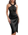 GRACE KARIN Elegant Vintage Prom Dress for Women UK Ruched Halter Neck Midi Bodycon Cocktail Dress for Going Out Night Black