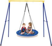 GYMAX Kids Swing Set, Heavy Duty Metal Swing Frame with Adjustable Round Swing, Outdoor Children Nest Swing Playset for Playground Garden Backyard (Blue + Yellow)