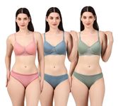 DFEET Women’s Padded Lingerie Set | Seamless, Full Coverage Design in a Nylon-Cotton Blend with Detachable Straps | Pack of 3 in Multicolor | Size 32,Cup for All-Day Comfort and Style Multicolour