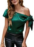 VIDUSSA Women's Off Shoulder Silk Tops Casual Short Sleeve Asymmetrical Neck Satin Blouse Shirts, Dark Green, Medium