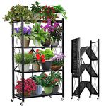 DOBEGARDEN Metal Plant Stand Plant Shelf Folding Plant Stand No Assembly Required Easy to Move 4 Tiers Flower Stand with wheels for Living Room Bedroom Flower Room Indoor outdoor Black