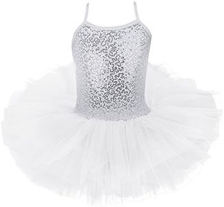 FEESHOW Girls' Sequins Glitter Ballet Dress Tutu Skirt Leotard Dance Costumes Size 4-5 White