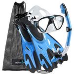 Phantom Aquatics Italian Collection Legendary Panoramic View Mask Fin Dry Snorkel Set with Deluxe Snorkeling Gear Bag… (Arctic Blue, S/M, 5-8) (PAQPMFS2.0)