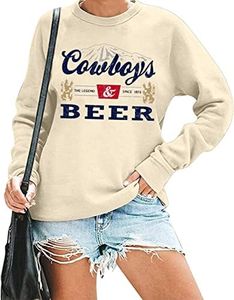 Cowboys & Beer Sweatshirt Women Country Music Shirt Funny Drinking Pullover Top Casual Crew Neck Long Sleeve Rodeo Tee, Khaki, Large