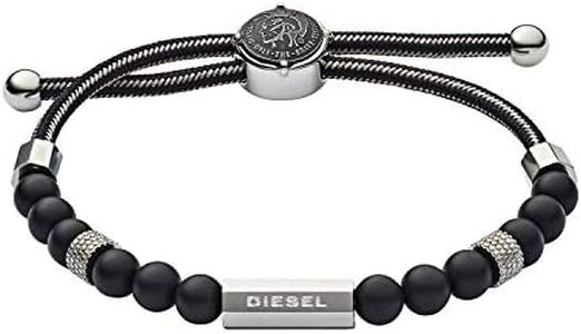 Diesel All-Gender Stainless Steel and Beaded Bracelet, Color: Silver Logo/Black Agate (Model: DX1151040)