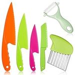 AKlamater 6PCS Kitchen Safety Knives for Kids, 4PCS Children's Cooking Knives in 4 Sizes, Plastic Cutting Board & Paring Knife for Vegetables Fruits Salad Cheese(Green)