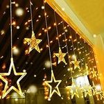 Quntis 138LEDs 12 Star Curtain Lights, Connectable 6.6ft Christmas Curtain Lights with 8 Flashing Mode, Led Curtain Lights for Indoor Outdoor Bedroom Window Diwali Christmas Decorations, Warm White