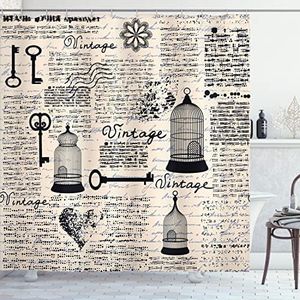Ambesonne Old Newspaper Shower Curtain, Grunge Retro Pattern Bird Cages Keys Heart Shapes and Flower, Cloth Fabric Bathroom Decor Set with Hooks, 69" W x 75" L, Black Cream Baby Blue