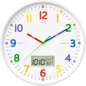 lanktoo 12" Silent Teaching Wall Clock with LCD Date Weekday Temperature Display – Tempered Glass, Non-Ticking Battery Operated Learning Clock for Kids Room, Classroom, Home Decor