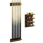 MyGift Wall Mounted Dark Brown Wood Pool Cue Holder Rack for 6 Cues, Billiards Accessories Cue Holder and Ball Storage Shelf Set, 3-Piece Set